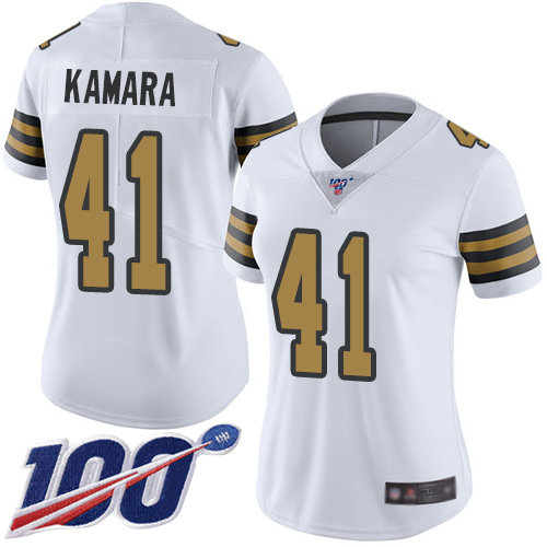 Nike Saints #41 Alvin Kamara White Women's Stitched NFL Limited Rush 100th Season Jersey