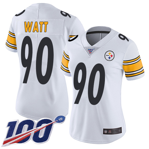 Nike Steelers #90 T. J. Watt White Women's Stitched NFL 100th Season Vapor Limited Jersey