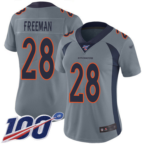 Nike Broncos #28 Royce Freeman Gray Women's Stitched NFL Limited Inverted Legend 100th Season Jersey