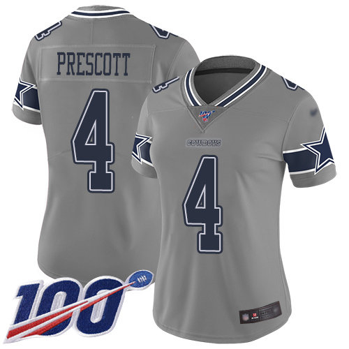 Nike Cowboys #4 Dak Prescott Gray Women's Stitched NFL Limited Inverted Legend 100th Season Jersey