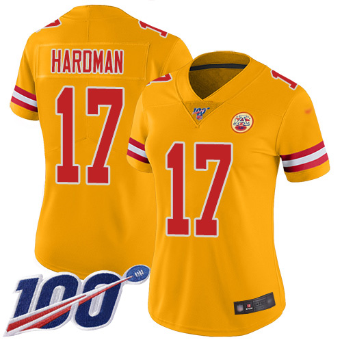 Nike Chiefs #17 Mecole Hardman Gold Women's Stitched NFL Limited Inverted Legend 100th Season Jersey