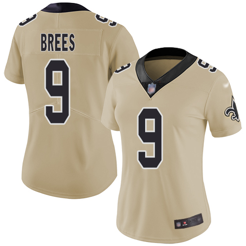 Nike Saints #9 Drew Brees Gold Women's Stitched NFL Limited Inverted Legend Jersey