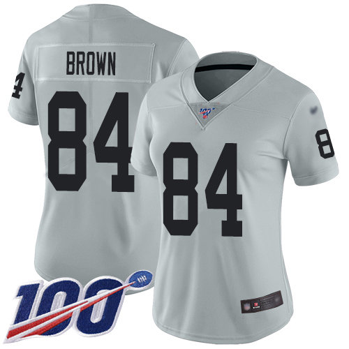 Nike Raiders #84 Antonio Brown Silver Women's Stitched NFL Limited Inverted Legend 100th Season Jersey