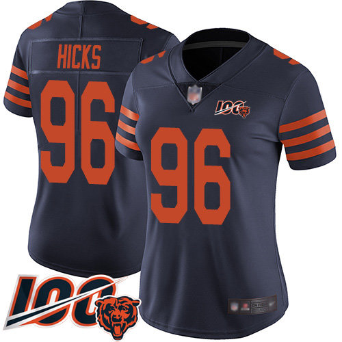 Nike Chicago Bears Women's #96 Akiem Hicks Navy Blue 100th Season Color Rush Vapor Untouchable Limited Jersey