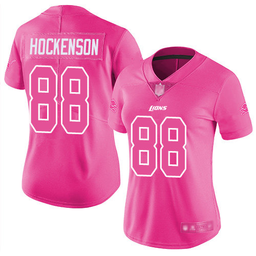 Lions #88 T.J. Hockenson Pink Women's Stitched Football Limited Rush Fashion Jersey