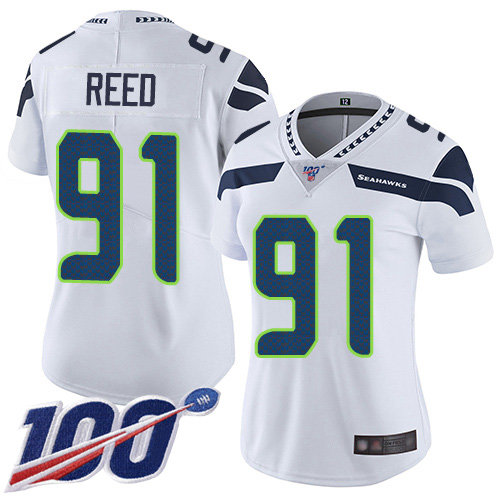 Seahawks #91 Jarran Reed White Women's Stitched Football 100th Season Vapor Limited Jersey