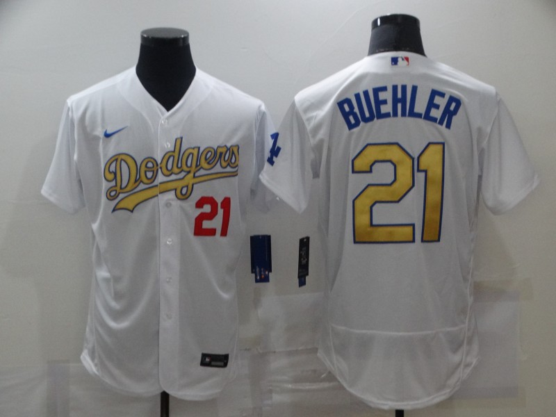 Men's Los Angeles Dodgers #21 Walker Buehler 2020 White Gold Sttiched Nike MLB Jersey