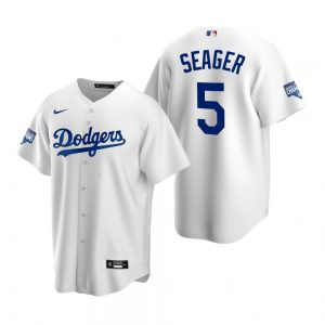 Men’s Los Angeles Dodgers #5 Corey Seager White MVP 2020 World Series Champions Replica Jersey