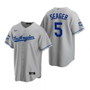 Men’s Los Angeles Dodgers #5 Corey Seager MVP Gray 2020 World Series Champions Road Replica Jersey