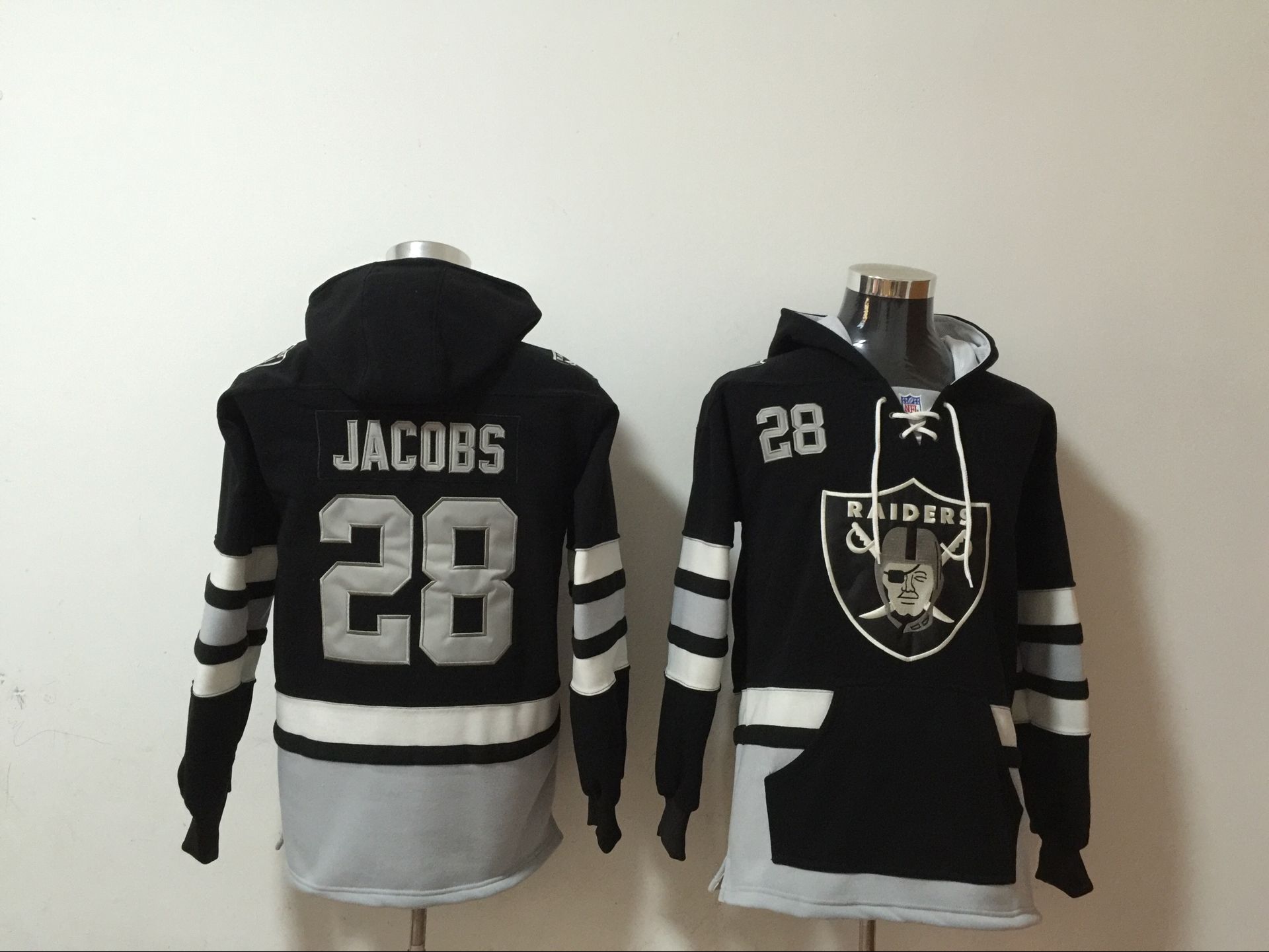 Men's Las Vegas Raiders #28 Josh Jacobs NEW Black Pocket Stitched NFL Pullover Hoodie