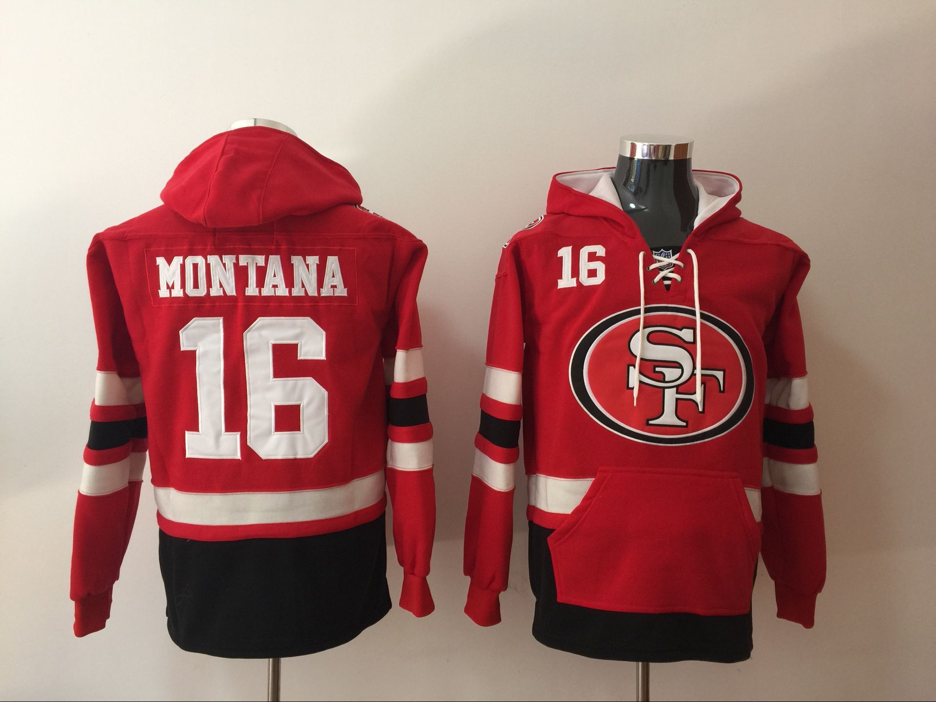 Men's San Francisco 49ers #16 Joe Montana NEW Red Pocket Stitched NFL Pullover Hoodie