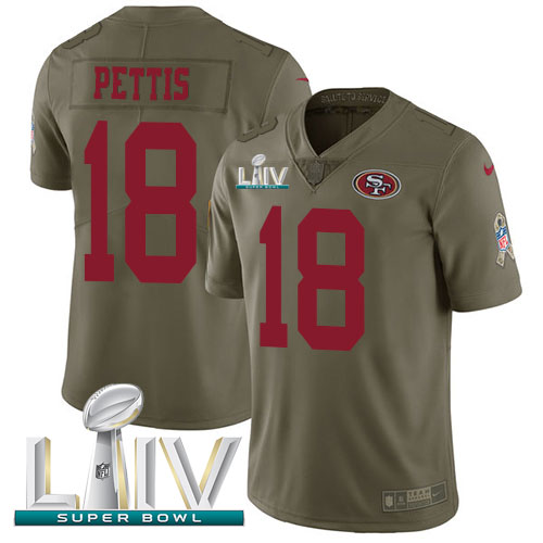 Nike 49ers #18 Dante Pettis Olive Super Bowl LIV 2020 Men's Stitched NFL Limited 2017 Salute To Service Jersey