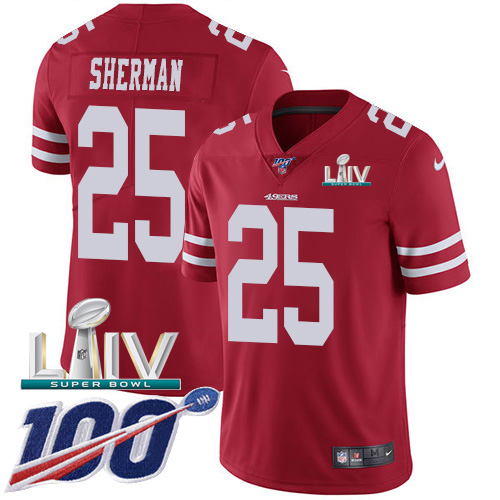 Nike 49ers #25 Richard Sherman Red Super Bowl LIV 2020 Team Color Men's Stitched NFL 100th Season Vapor Limited Jersey