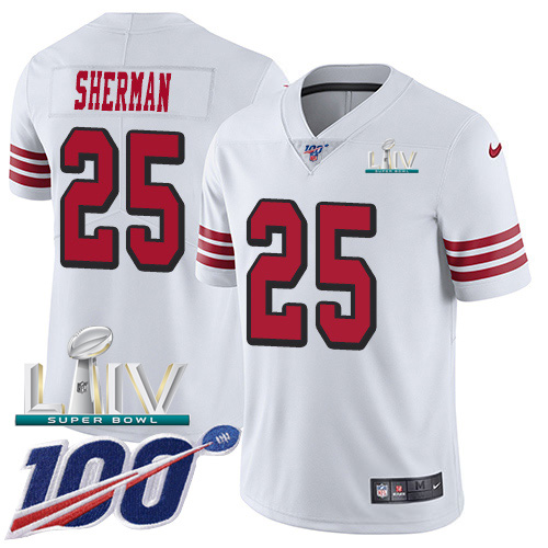 Nike 49ers #25 Richard Sherman White Super Bowl LIV 2020 Rush Men's Stitched NFL Limited 100th Season Jersey