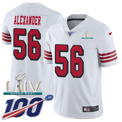 Nike 49ers #56 Kwon Alexander White Super Bowl LIV 2020 Rush Men's Stitched NFL Limited 100th Season Jersey