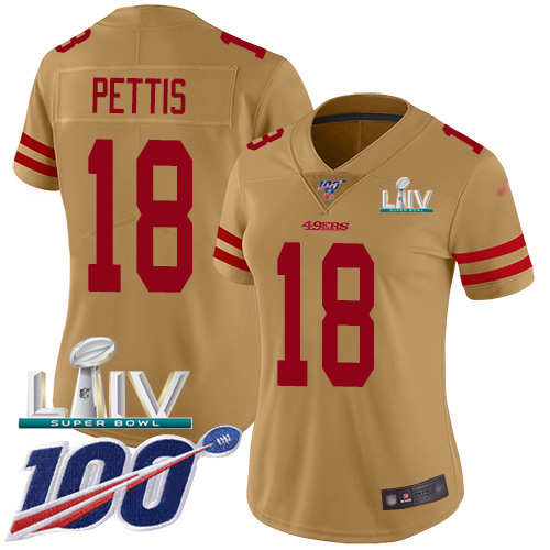 Nike 49ers #18 Dante Pettis Gold Super Bowl LIV 2020 Women's Stitched NFL Limited Inverted Legend 100th Season Jersey