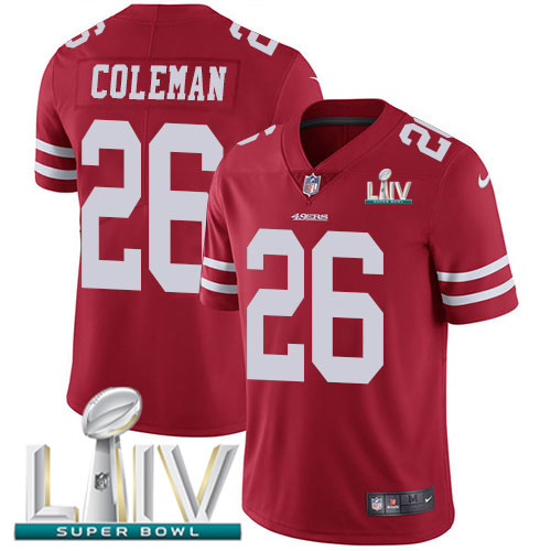 Nike 49ers #26 Tevin Coleman Red Super Bowl LIV 2020 Team Color Youth Stitched NFL Vapor Untouchable Limited Jersey