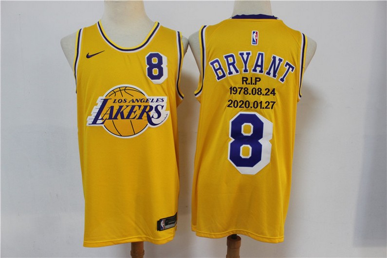 Men's Los Angeles Lakers #8 Kobe Bryant Yellow R.I.P Signed Hardwood Classics Soul Swingman Throwback Jersey