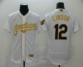 Men's Cleveland Indians #12 Francisco Lindor White With Gold Stitched MLB Flex Base Nike Jersey