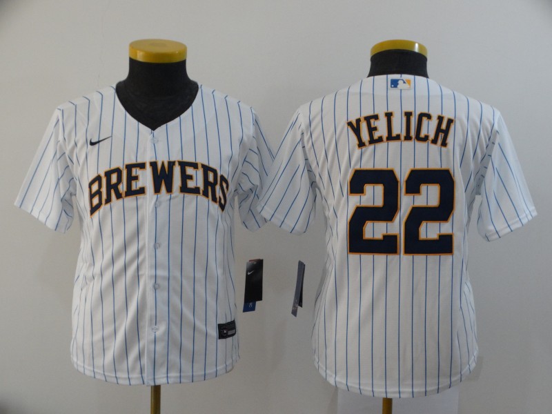 Youth Milwaukee Brewers #22 Christian Yelich White Stitched MLB Cool Base Nike Jersey