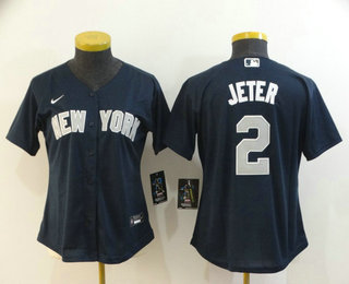 Women's New York Yankees #2 Derek Jeter Navy Blue Stitched MLB Cool Base Nike Jersey