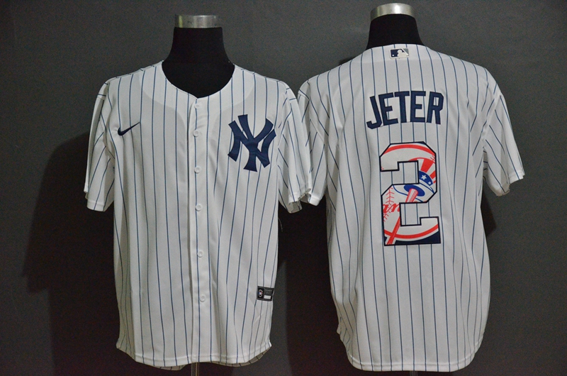 Men's New York Yankees #2 Derek Jeter White Team Logo Stitched MLB Cool Base Nike Fashion Jersey