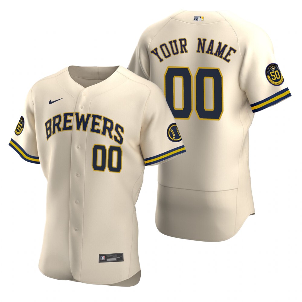 Men's Milwaukee Brewers Custom Nike Cream Stitched MLB Flex Base Jersey