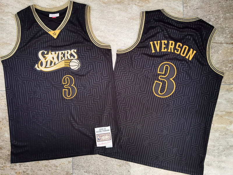 Men's Philadelphia 76ers #3 Allen Iverson 2000-01 Black Hardwood Classics Soul AU Jersey