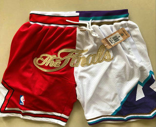 Men's Chicago Bulls and Utah Jazz Red With White 1997 The Finals Patch Split Just Don Shorts