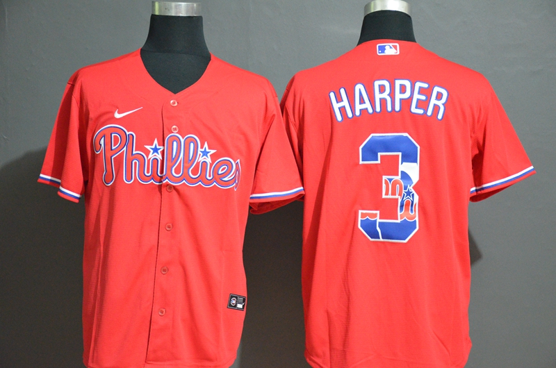 Men's Philadelphia Phillies #3 Bryce Harper Red White Team Logo Stitched MLB Cool Base Nike Jersey