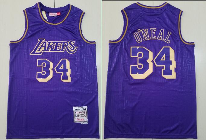 Men's Los Angeles Lakers #34 Shaquille O'neal 1996-97 Purple Hardwood Classics Soul Swingman Throwback Jersey