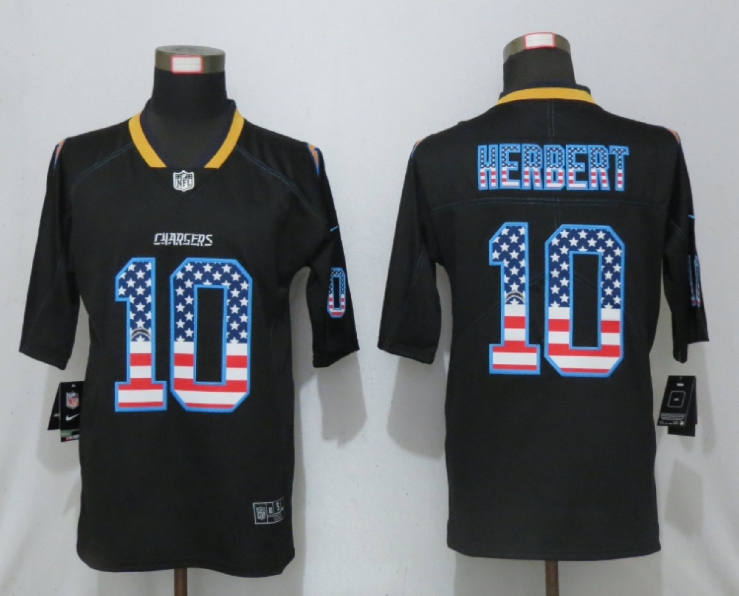 Men's Los Angeles Chargers #10 Justin Herbert 2020 USA Flag Fashion Black Color Rush Stitched Nike Limited Jersey