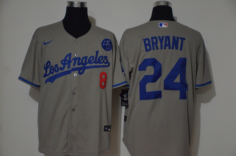 Men's Los Angeles Dodgers #24 Kobe Bryant Grey KB Patch Stitched MLB Cool Base Nike Jersey With front Number 8