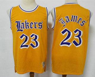 Men's Los Angeles Lakers #23 LeBron James Yellow English Version Hardwood Classics Soul Swingman Throwback Jersey