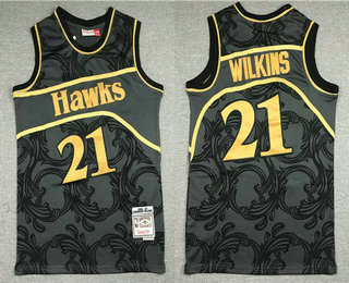 Men's Atlanta Hawks #21 Dominique Wilkins Black With Gold Hardwood Classics Soul Swingman Throwback Jersey