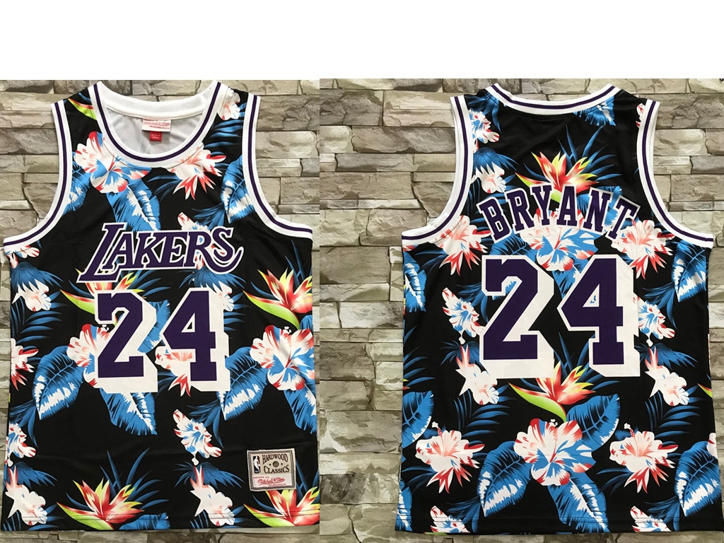 Men's Los Angeles Lakers #24 Kobe Bryant Ness Floral Fashion Hardwood Classics Soul Swingman Throwback Jersey