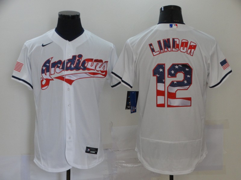 Men's Cleveland Indians #12 Francisco Lindor White USA Flag Stitched MLB Flex Base Nike Jersey