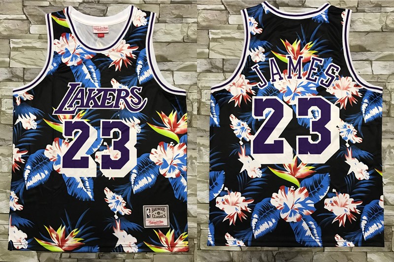 Men's Los Angeles Lakers #23 LeBron James Ness Floral Fashion Hardwood Classics Soul Swingman Throwback Shorts