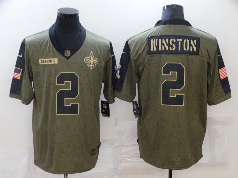 Men's New Orleans Saints #2 Jameis Winston 2021 Olive Salute To Service Limited Stitched Jersey