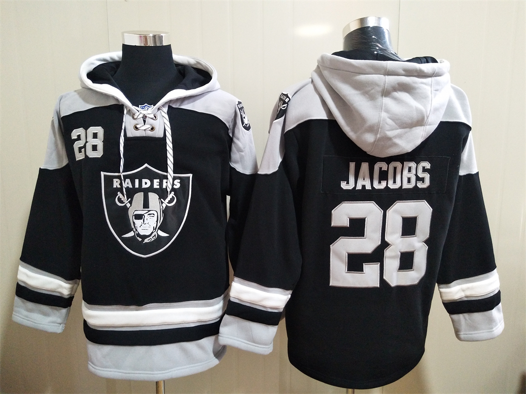 Men's Las Vegas Raiders 28 Josh Jacobs NEW Black Pocket Stitched NFL Pullover Hoodie