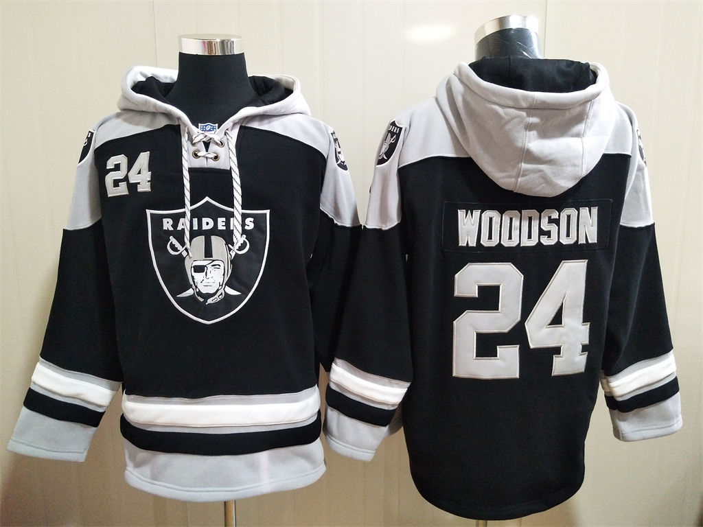 Men's Las Vegas Raiders 24 Charles Woodson NEW Black Pocket Stitched NFL Pullover Hoodie