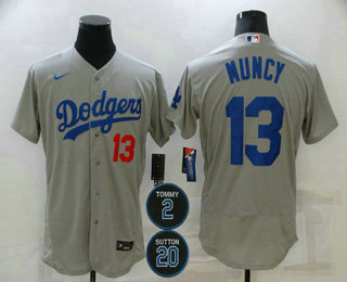 Men's Los Angeles Dodgers #13 Max Muncy Grey #2 #20 Patch Stitched MLB Flex Base Nike Jersey