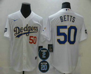 Men's Los Angeles Dodgers #50 Mookie Betts Red Number White Gold #2 #20 Patch Stitched MLB Cool Base Nike Jersey