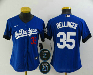 Women's Los Angeles Dodgers #35 Cody Bellinger Blue #2 #20 Patch City Connect Number Cool Base Stitched Jersey