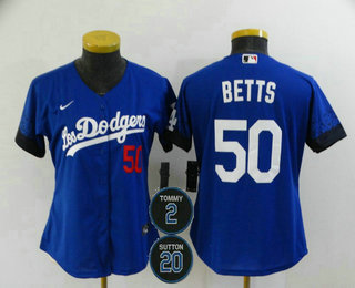 Women's Los Angeles Dodgers #50 Mookie Betts Blue #2 #20 Patch City Connect Number Cool Base Stitched Jersey