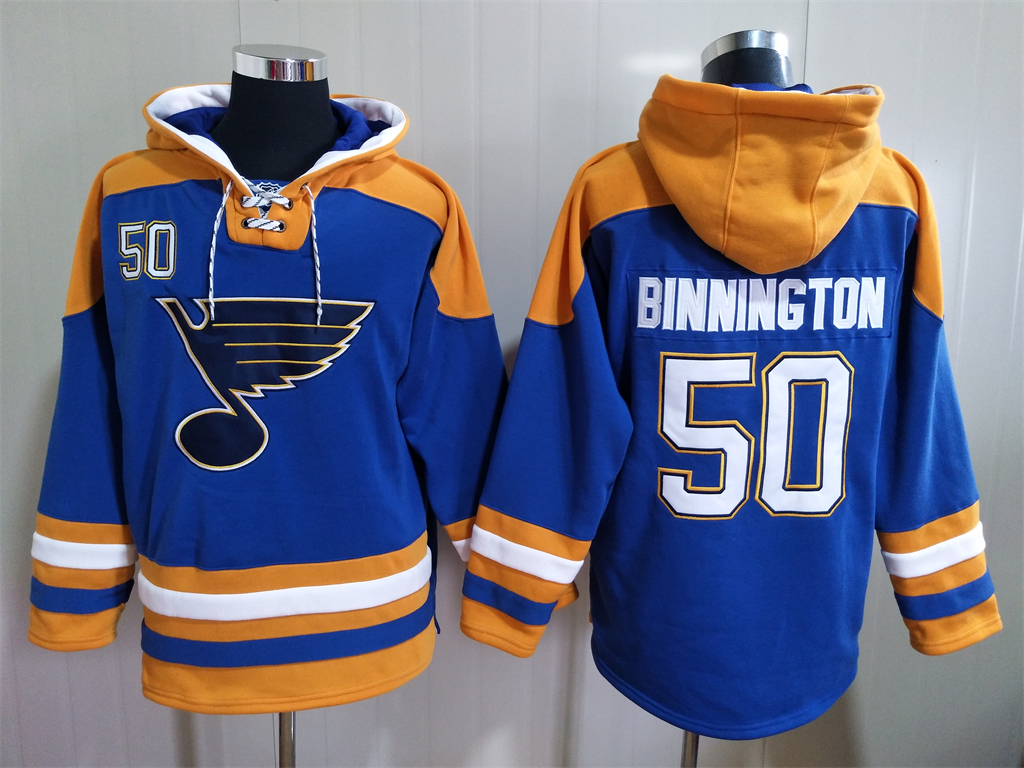 Men's St Louis Blues #50 Jordan Binnington Blue Ageless Must Have Lace Up Pullover Hoodie