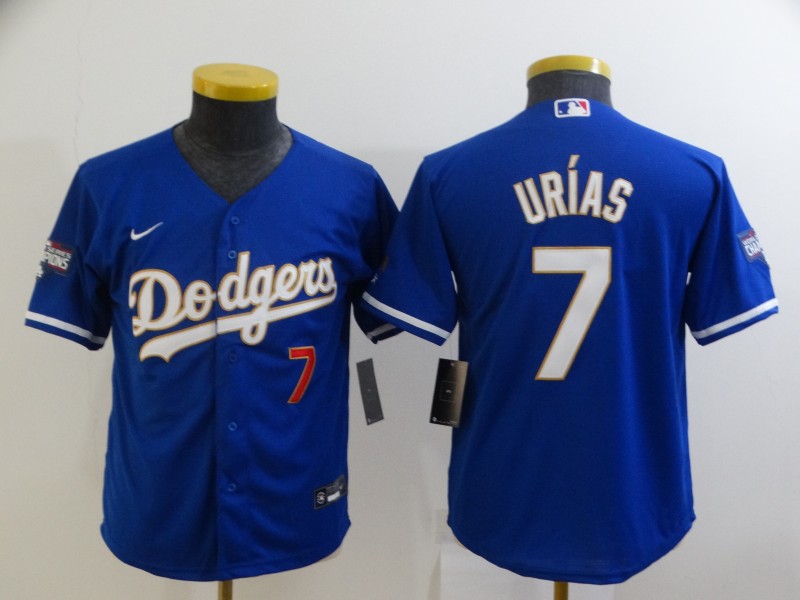 Youth Los Angeles Dodgers #7 Julio Urias Red Number Blue Gold Championship Stitched MLB Cool Base Nike Jersey