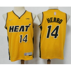 Men Miami Heat 14 Tyler Herro Yellow Nike Swingman 2021 Earned Edition Stitched Jersey With NEW Sponsor Logo