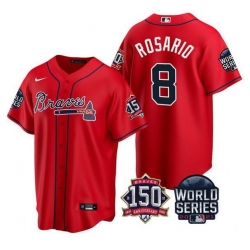 Men Atlanta Braves 8 Eddie Rosario 2021 Red World Series With 150th Anniversary Patch Cool Base Stitched Jersey