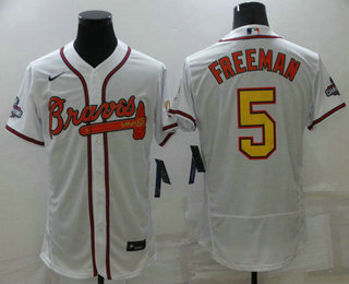 Men's Atlanta Braves #5 Freddie Freeman White Gold 2021 World Series Champions Stitched MLB Flex Base Jersey